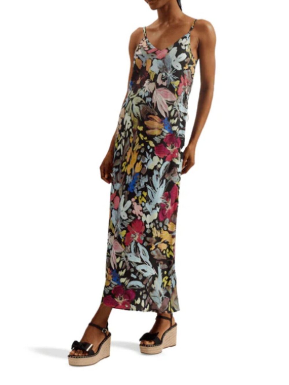 Ted Baker Black Floral Slip Midi Maxi Slip Dress with Multicolor Print size 6